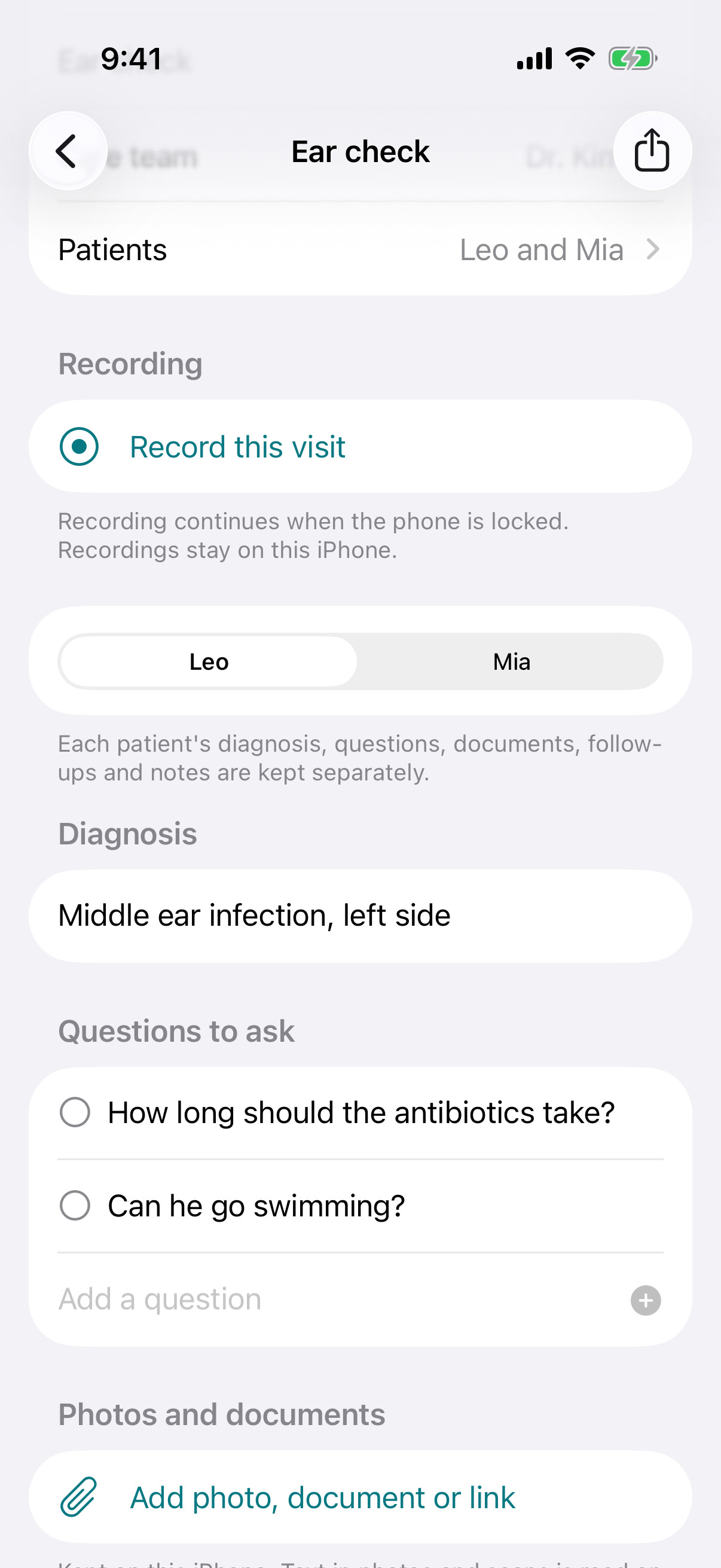 A visit for two children in WellHeard on iPhone: the recording, then Leo's own diagnosis and questions, with Mia's part one tap away.